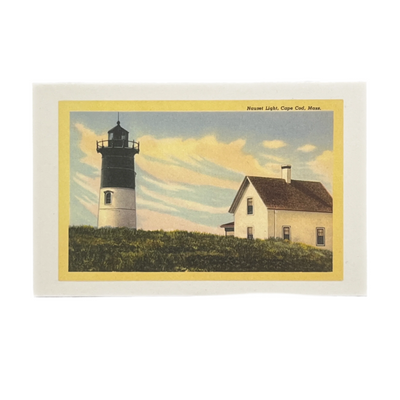 Found Image Press vintage-style postcard depicting Nauset Lighthouse in Cape Cod, Massachusetts, featuring a classic red and white tower set against a coastal backdrop, available at Lighthouse Paper Co. in Melbourne, FL.