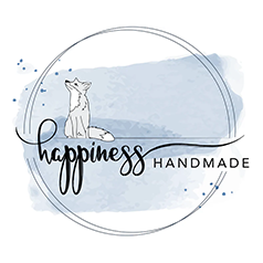 Happiness Handmade LLC circular blue and black logo with dog gazing at stars in blue background
