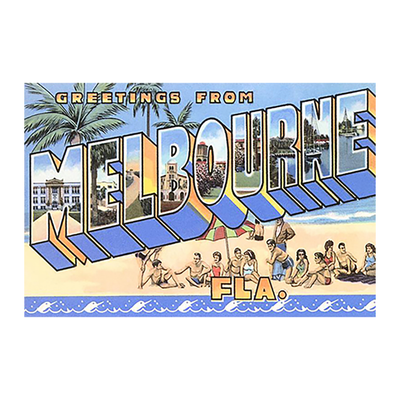 Greetings From Melbourne Fla postcard featuring a vintage drawn beach scene