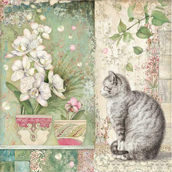 Stamperia Scrapbook Paper Sheet, 12x12 - Cat & Vase, Orchids & Cats