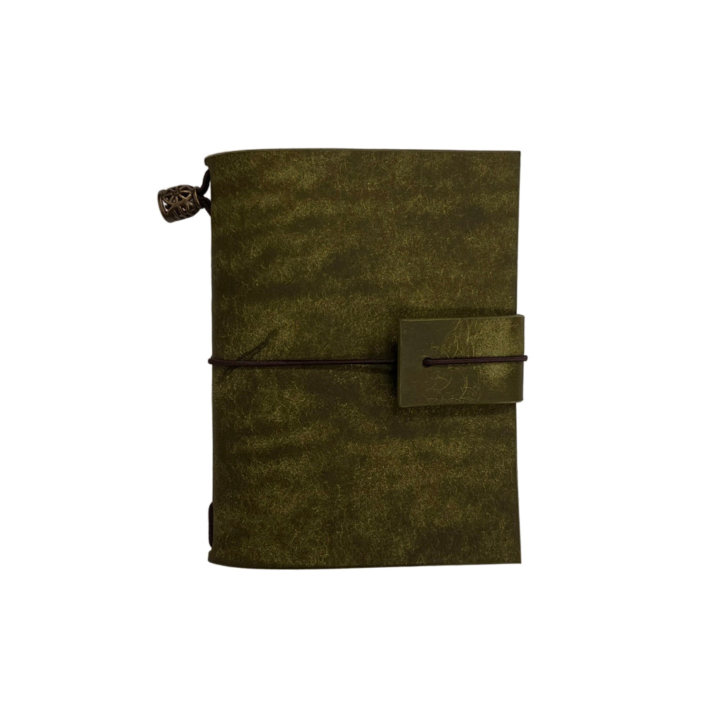 Green leather-bound notebook with a buckle on a white background