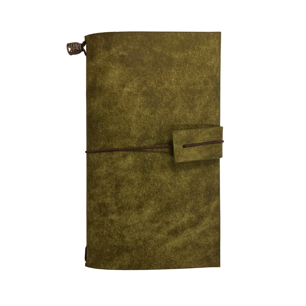 Green leather notebook cover with white background