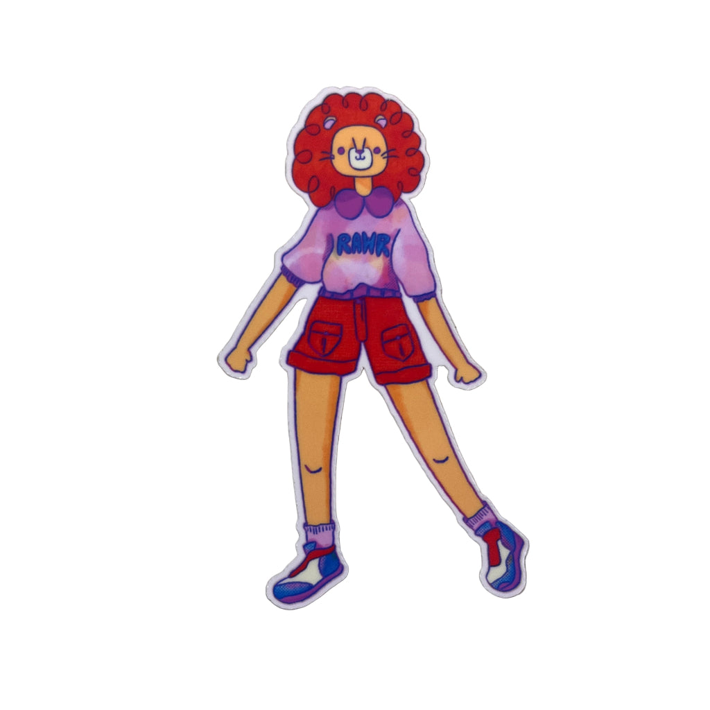 Cartoon character sticker with red hair and purple outfit on a textured surface