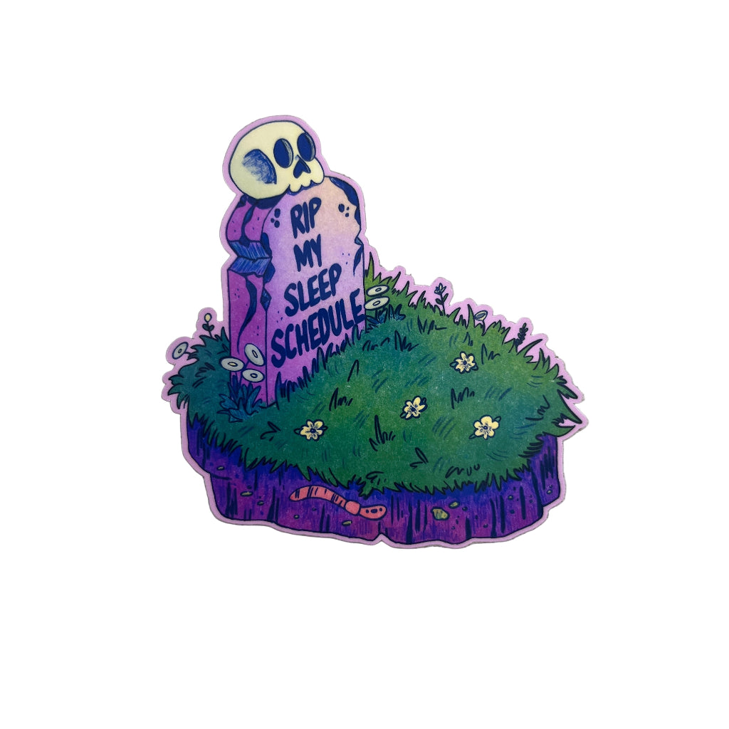 Sticker with a purple gravestone and text on a gray background