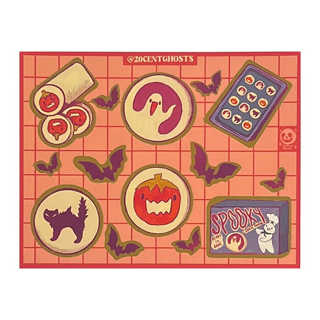 Halloween-themedsticker sheet on a red grid background with '20 Cent Ghosts' branding.