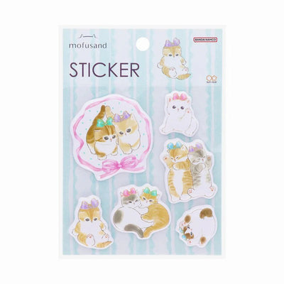 Pack of stickers with cat illustrations on a blue striped background