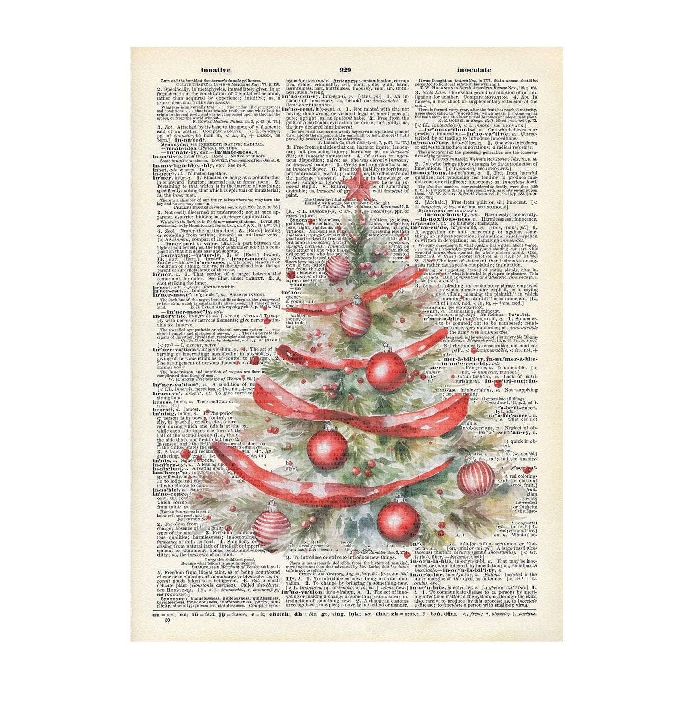 Dictionnaire imprimé vintage, thème des fêtes - Sapin de Noël