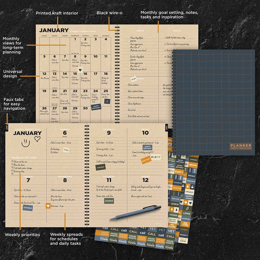 2025 Navy Grid Space Large Weekly Monthly Planner