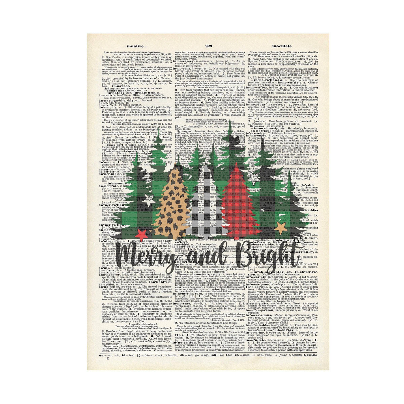 Vintage Dictionary Print, Holiday Theme - Merry and Bright