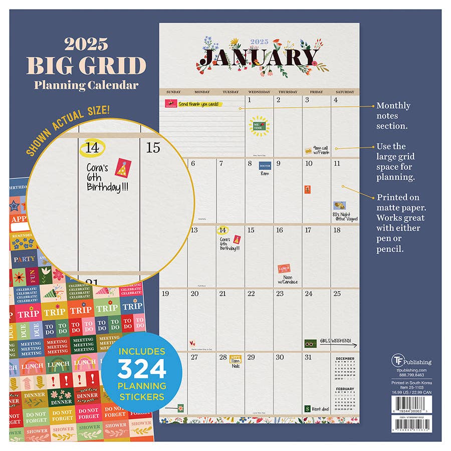 2025 Big Grid-Floral Wall Calendar