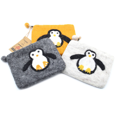 Natural Felt Zipper Pouch, Cute Penguin