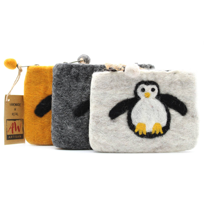 Natural Felt Zipper Pouch, Cute Penguin