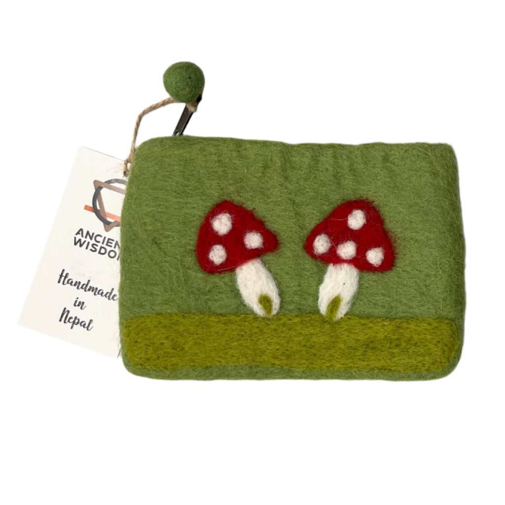 Natural Felt Zipper Pouch, Mystic Mushrooms