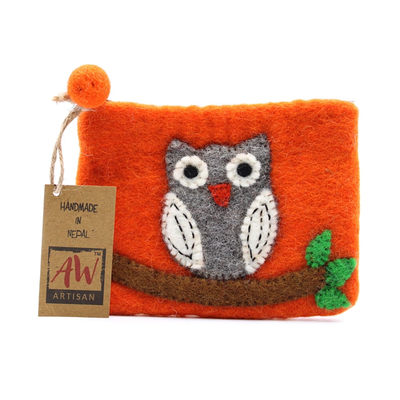 Pochette zippée en feutre naturel, hibou sur branche