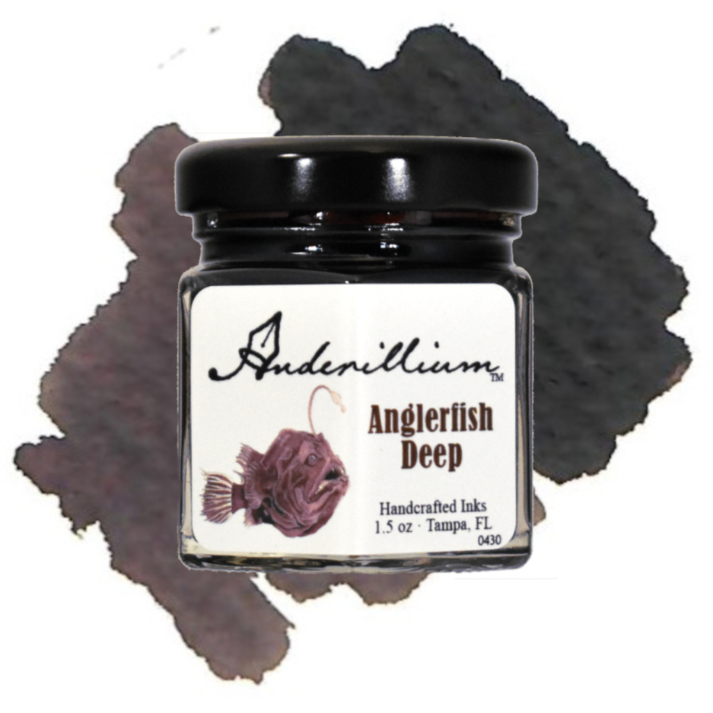 Jar of Anderillium Anglerfish Deep ink with a dark ink swatch on a white background