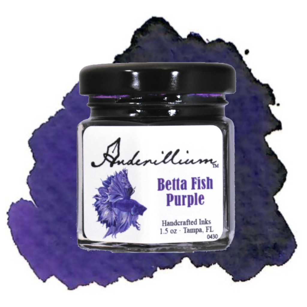 Jar of Andenillium Betta Fish Purple ink with a purple background