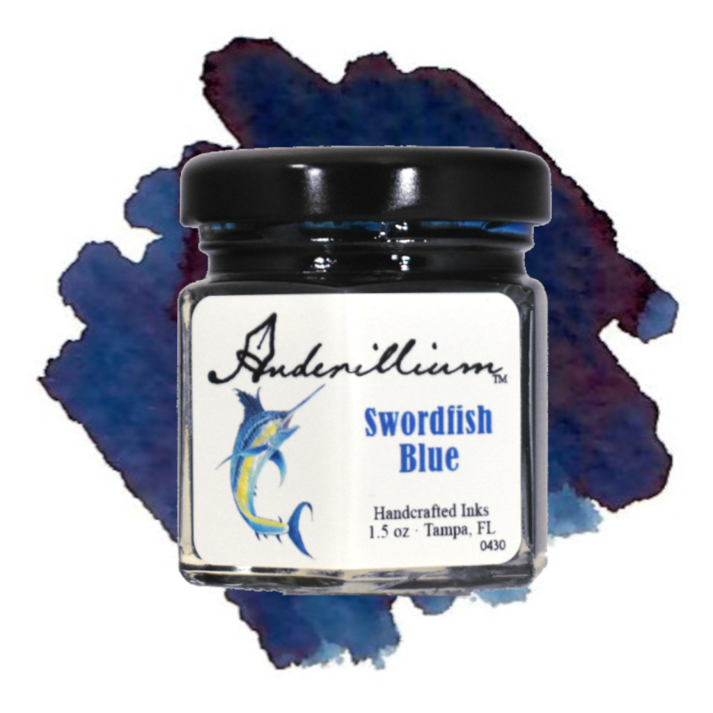 Jar of Anderillium Swordfish Blue ink with a blue watercolor splash on a white background