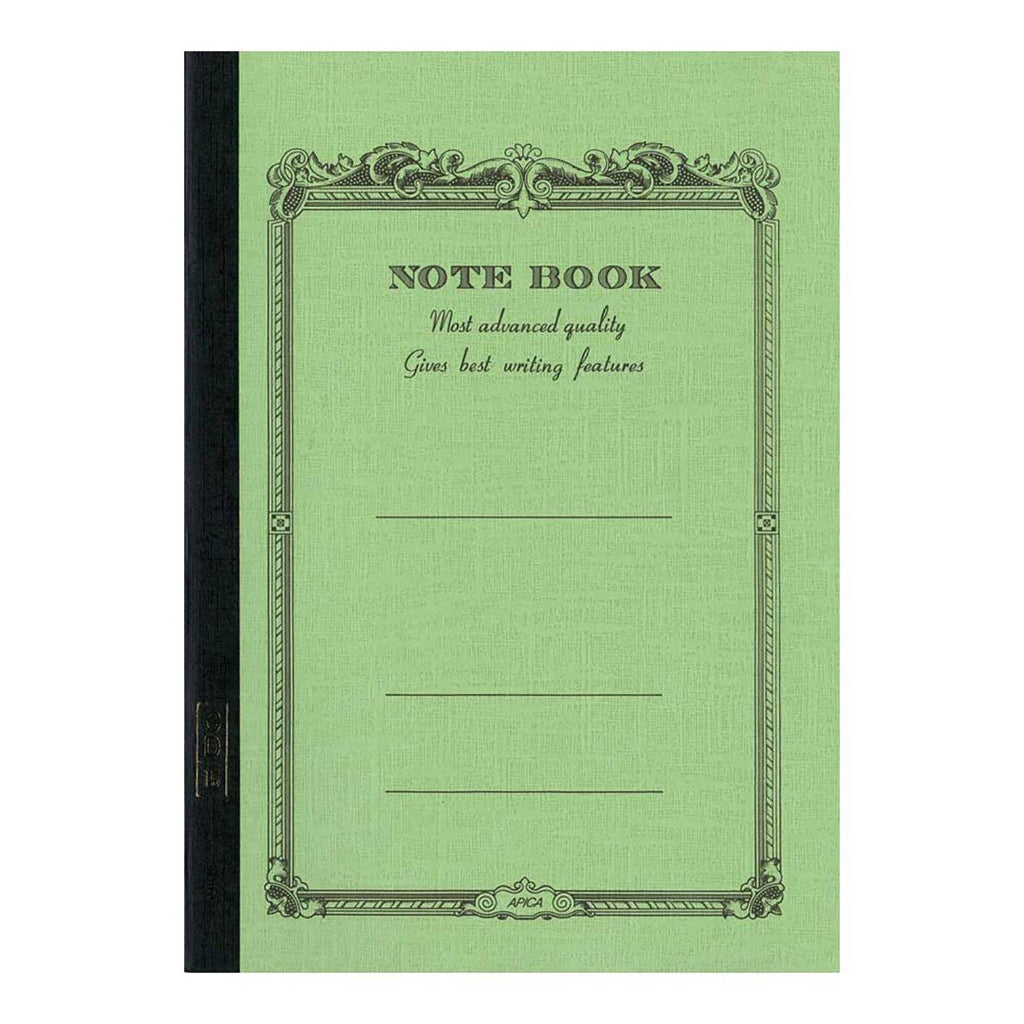 Green notebook with decorative border and text on a white background