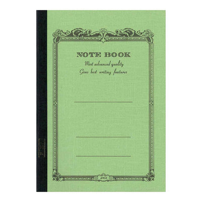 Green notebook with decorative border and text on a white background