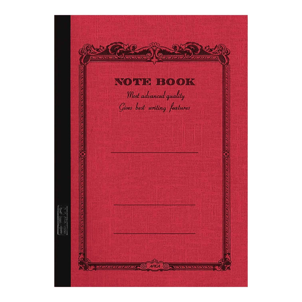 Red notebook with black decorative border on a white background