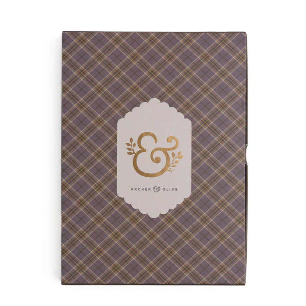 Plaid notebook with a gold ampersand and 'Archer & Olive' logo on a white background