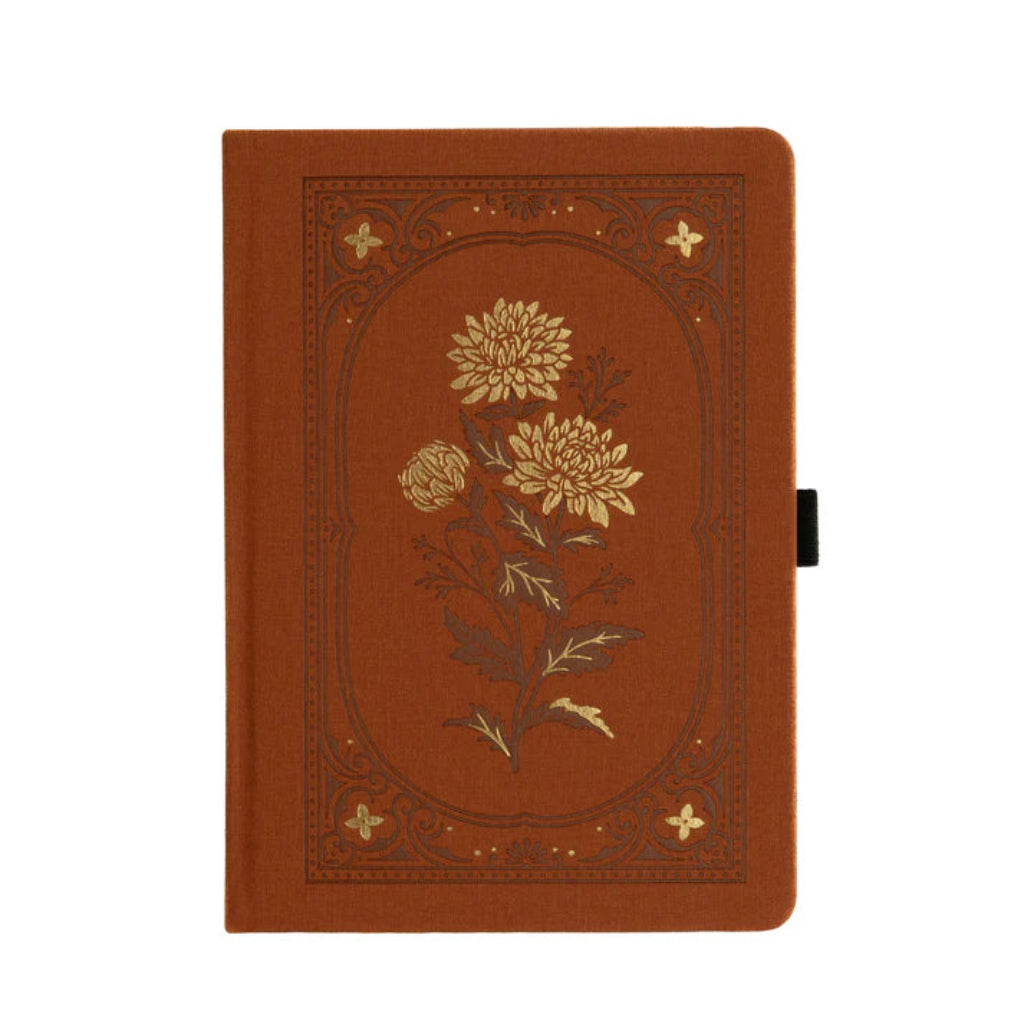 Archer & Olive chrysanthemum notebook with floral design on a brown background, available at Lighthouse Paper Co. in Melbourne, FL