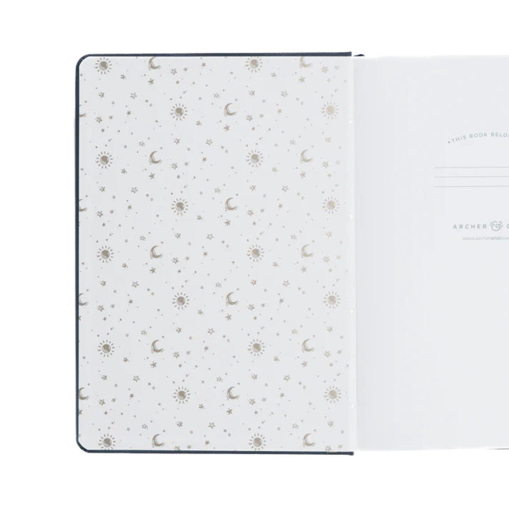 Archer & Olive Notebook inside cover with celestial pattern on cover, available at Lighthouse Paper Co. in Melbourne, FL