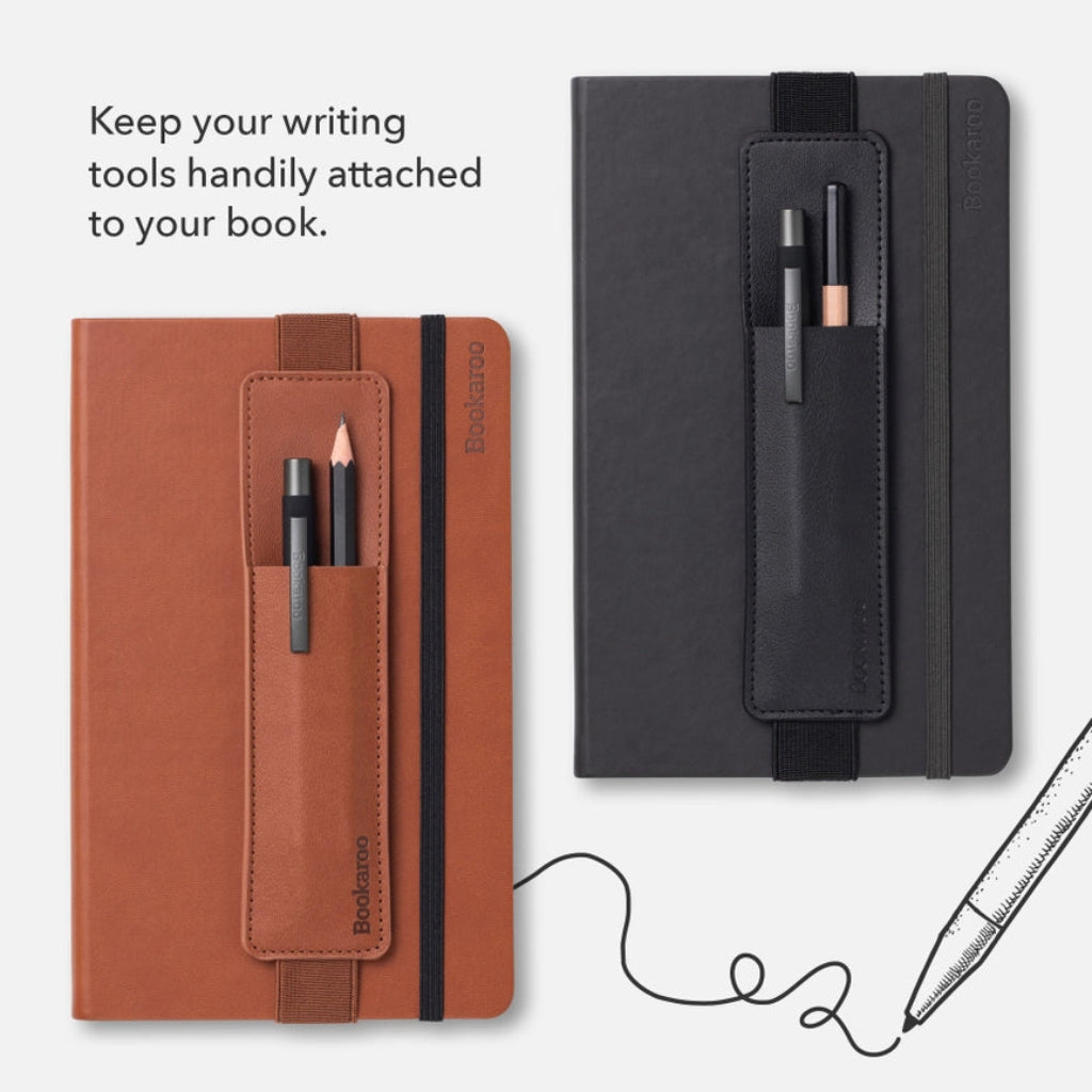 Two notebooks with pen holders attached, one brown and one black, on a white background.
