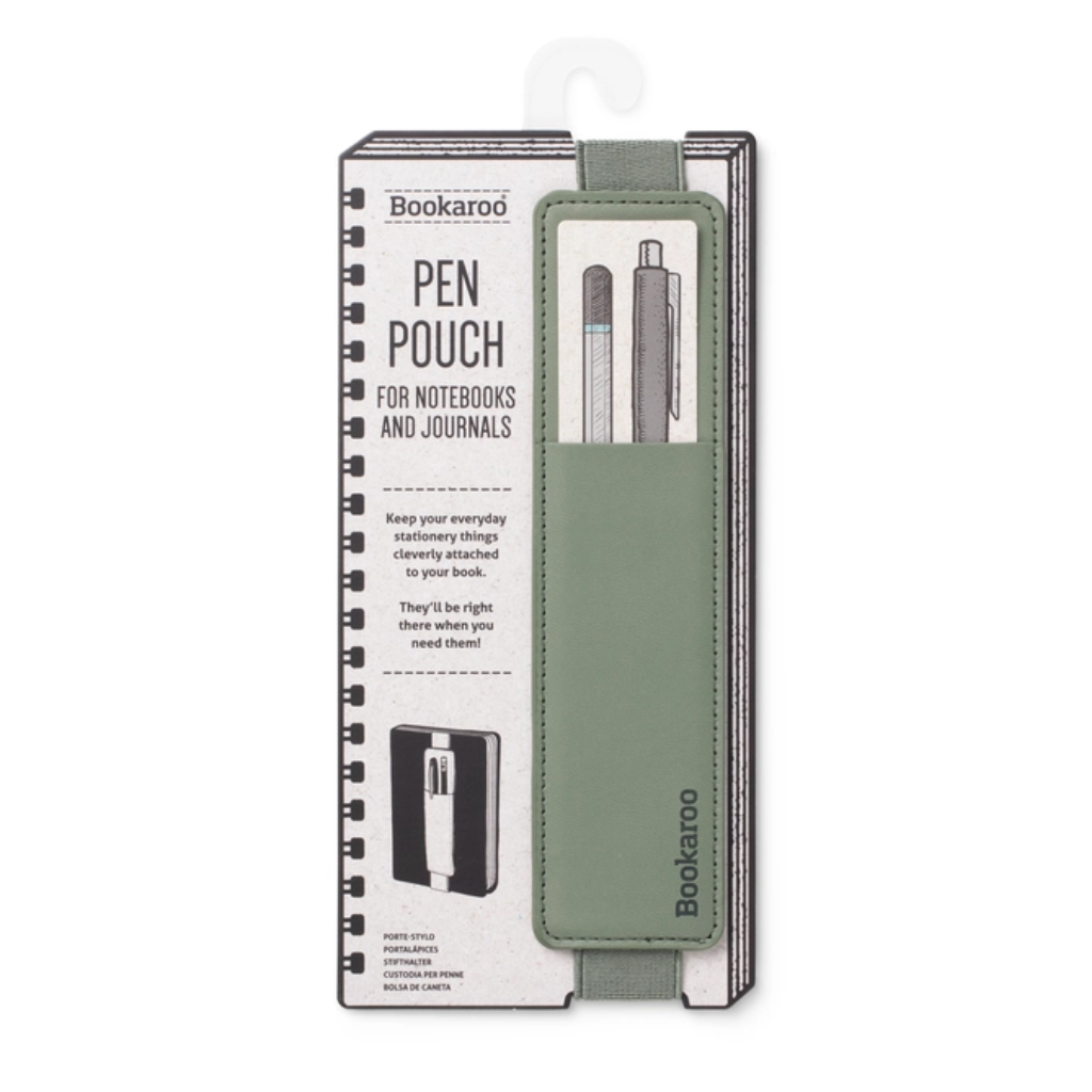 Green pen pouch for notebooks and journals with packaging on a white background