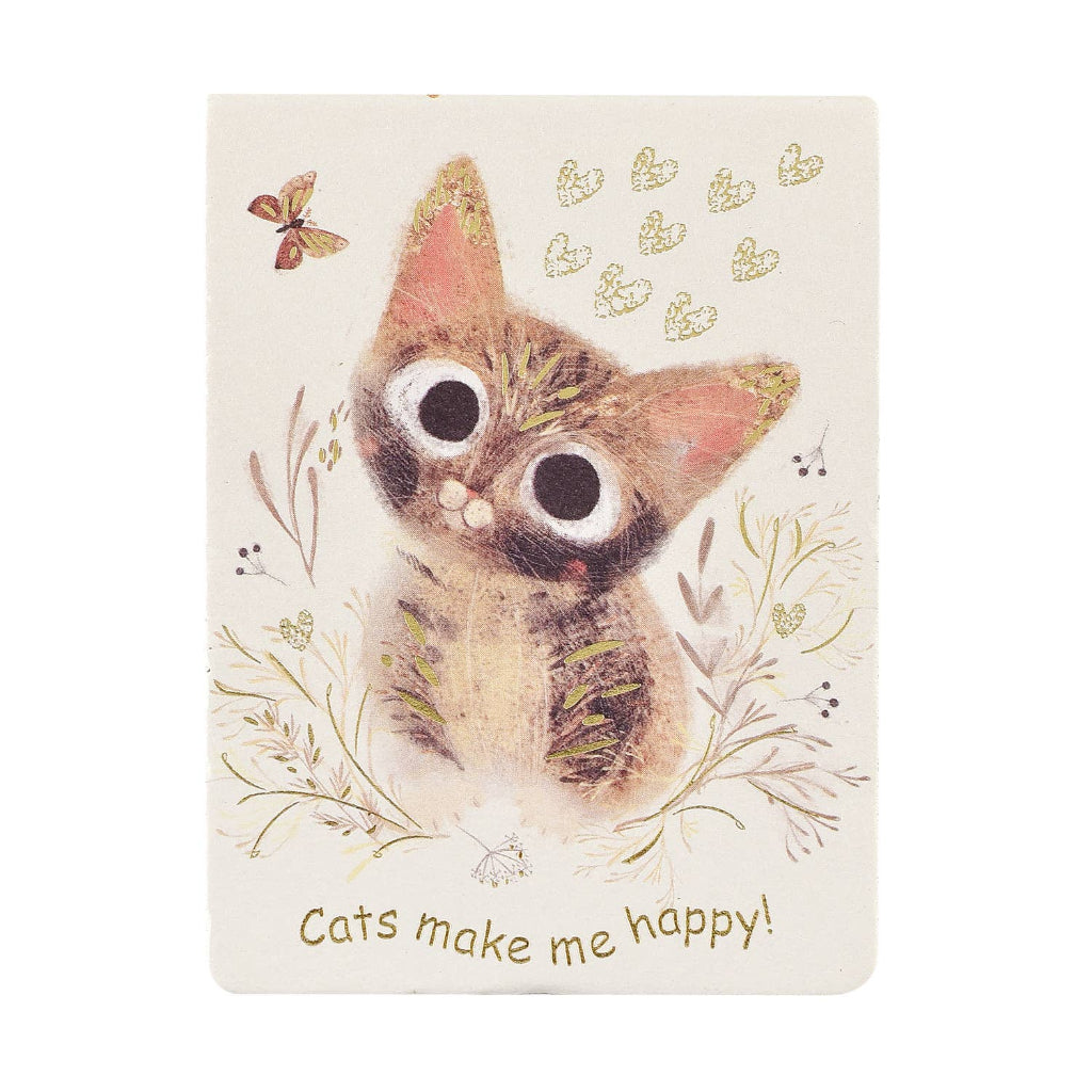 Card with a cute illustration of a cat surrounded by flowers and text 'Cats make me happy!' on a white background.