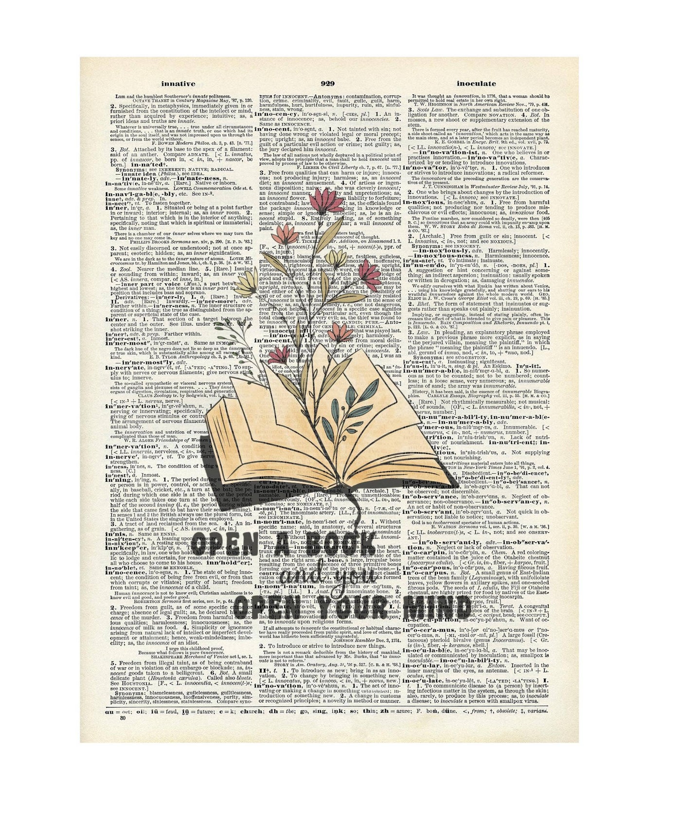 Vintage Dictionary Print, Open A Book