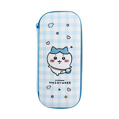 Pencil case with Chiikawa character on a blue checkered background