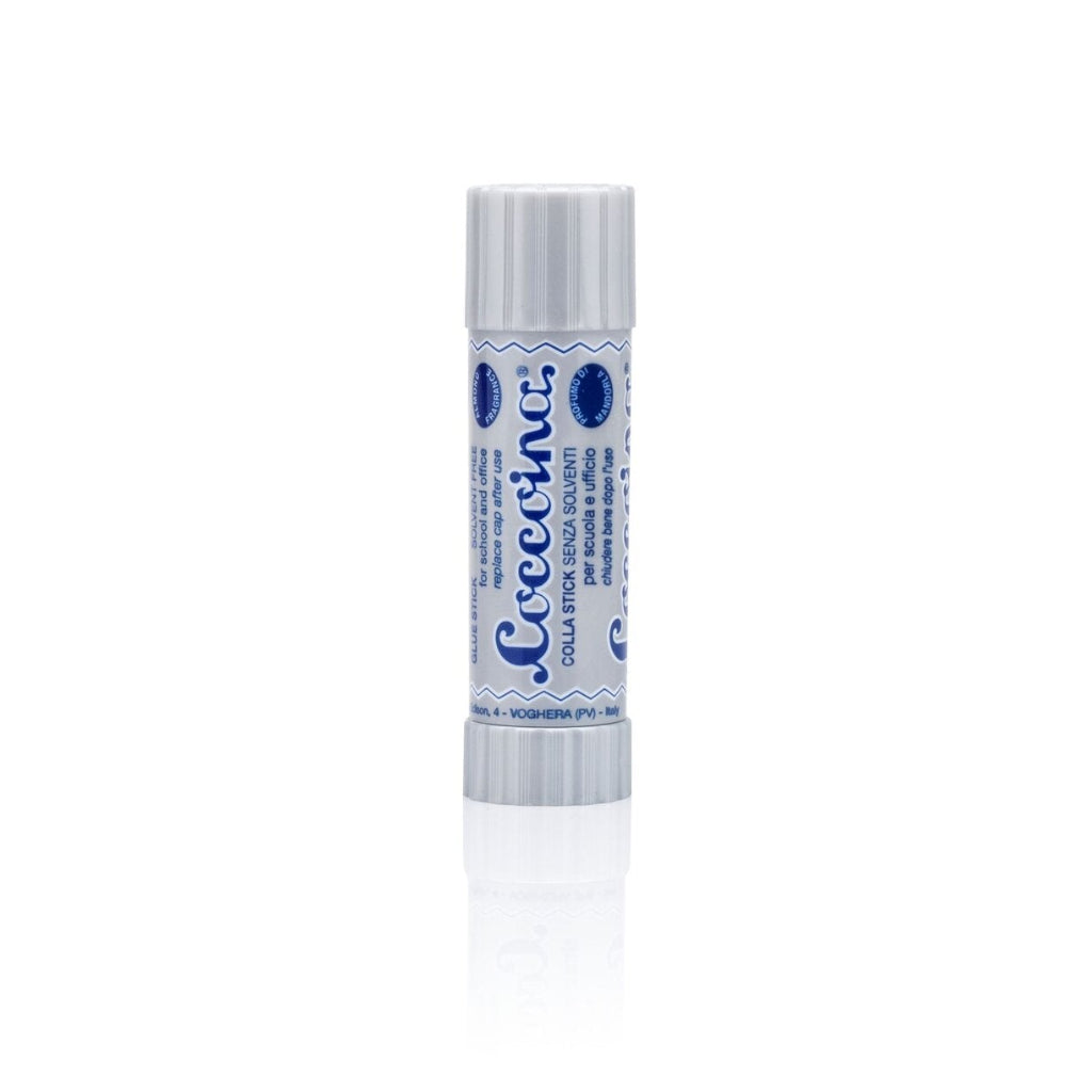 Coccoina glue stick tube with blue label on a white background