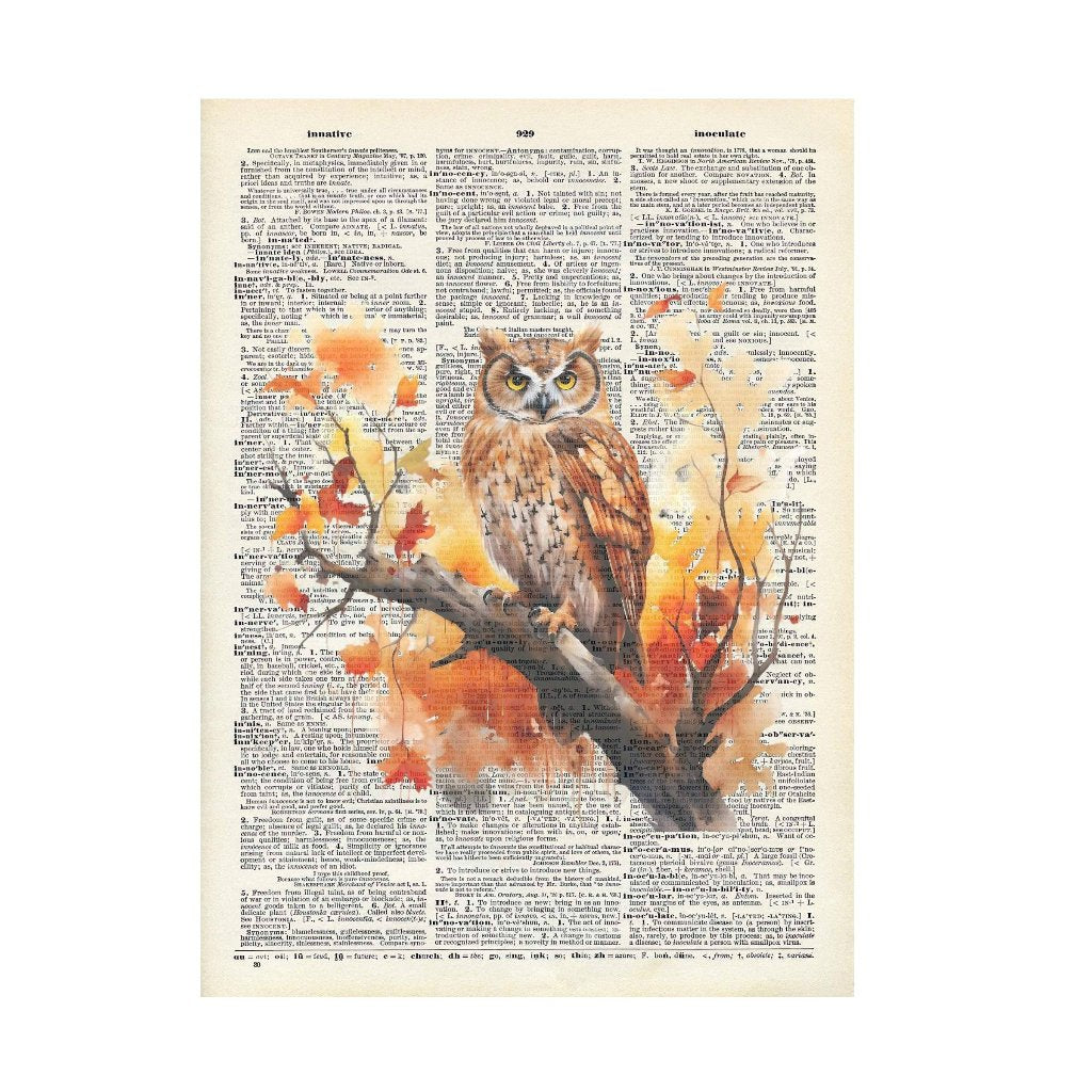 Dictionnaire imprimé vintage, thème d'automne - Chouette dans un arbre