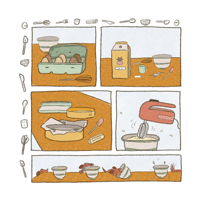 Illustration of a kitchen scene with various items including eggs, milk, butter, and a mixer, from Dana Ate Oatmeal and available at Lighthouse Paper Co. in Melbourne, FL.