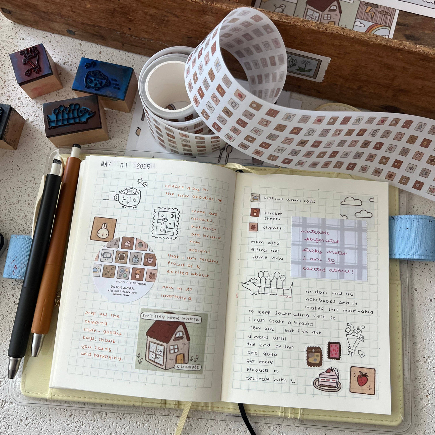 Dana Ate Oatmeal Patchwork Kiss Cut Sticker Roll at Lighthouse Paper Co. in Melbourne, FL, Image 2
