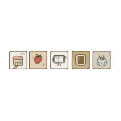 Five small square stickers with different designs on a white background
