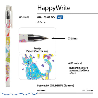 HappyWrite Ballpoint Pen, 0.5mm, Bright Cats