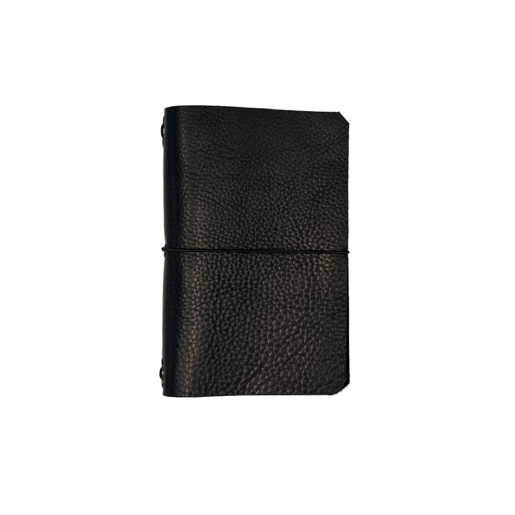Black leather notebook on a white background