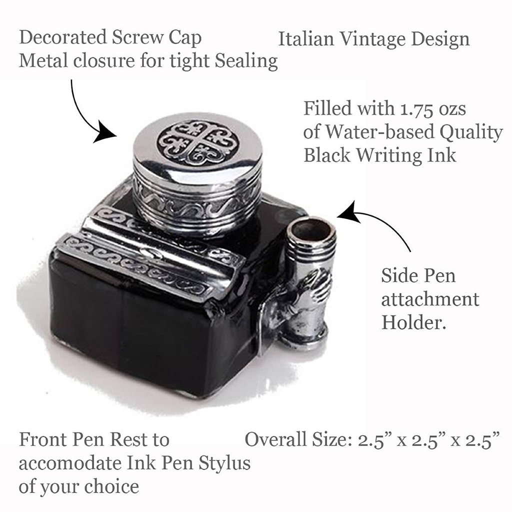 Glass Inkwell with Pen Rest, Pen Holder & Ink