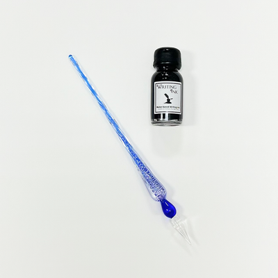 Ensemble stylo et encre en verre, bleu