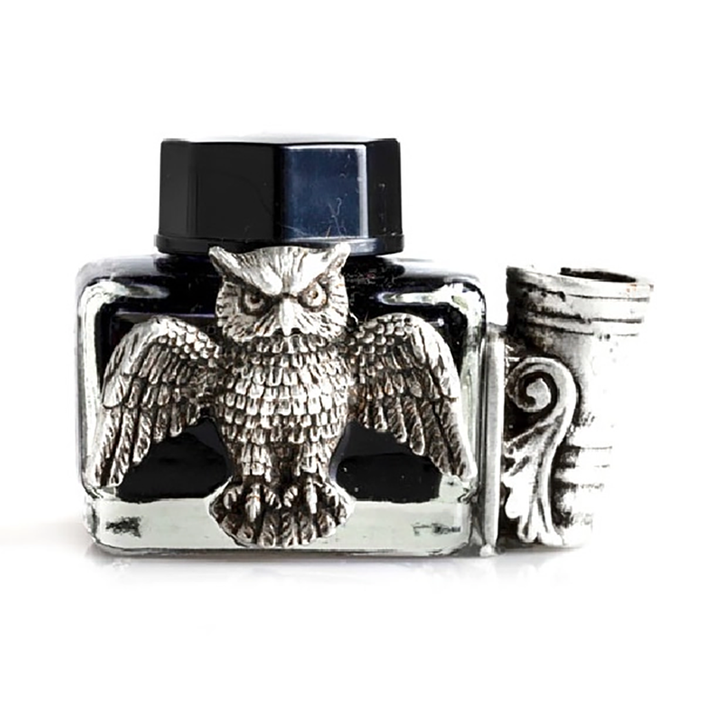 Pewter Owl Glass Inkwell with Pen Rest | Black Calligraphy Ink Pewter Owl Glass Inkwell with Pen Rest | Black Calligraphy Ink