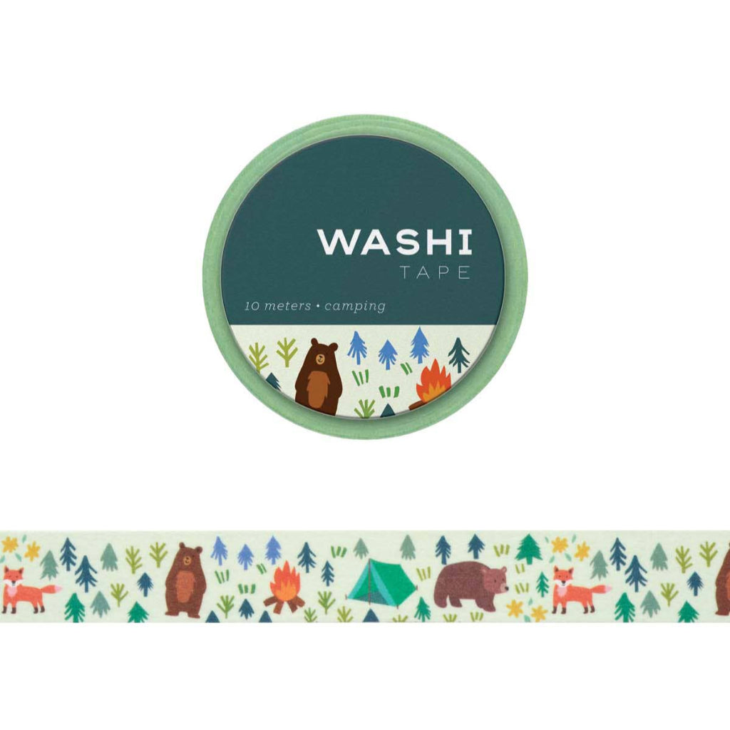 Washi tape with forest-themed design featuring animals and a tent, displayed with a roll of tape.