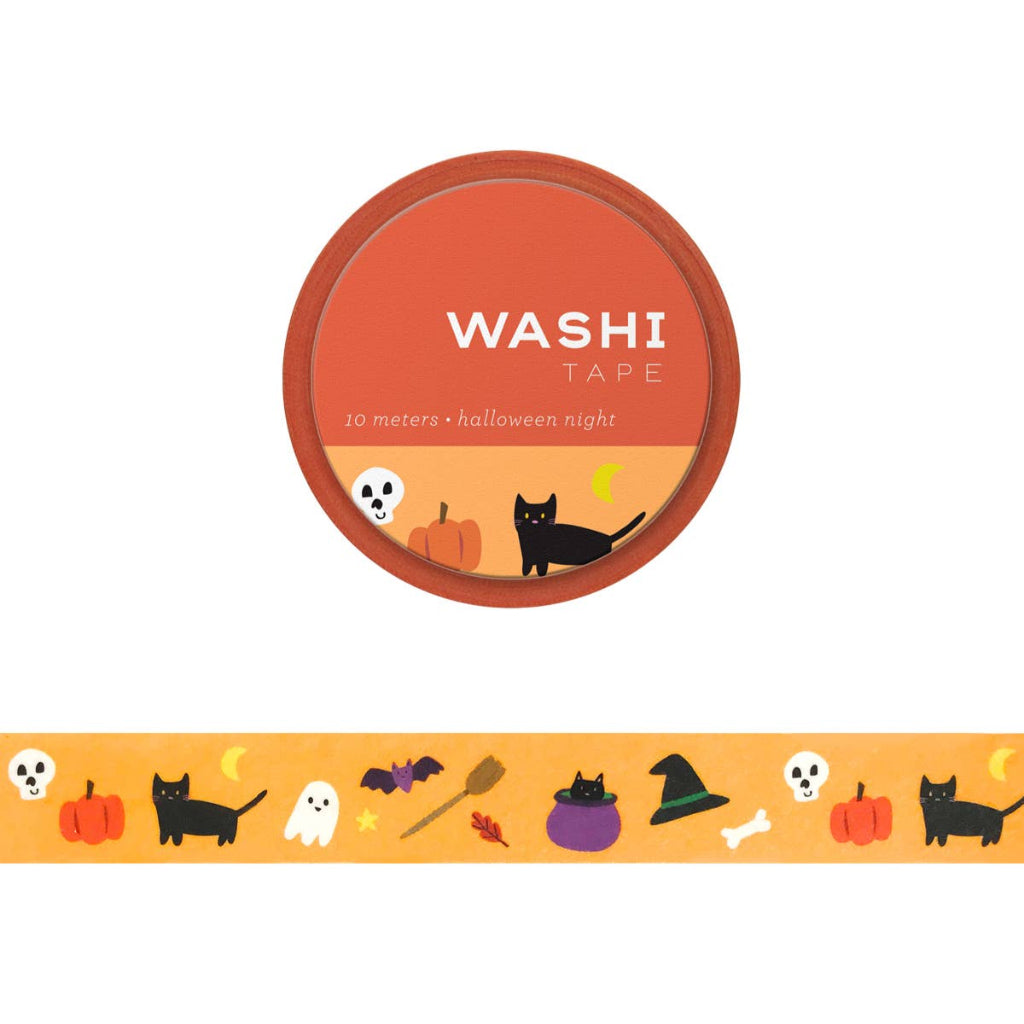 Halloween-themed washi tape with cats, pumpkins, and ghosts on an orange background.