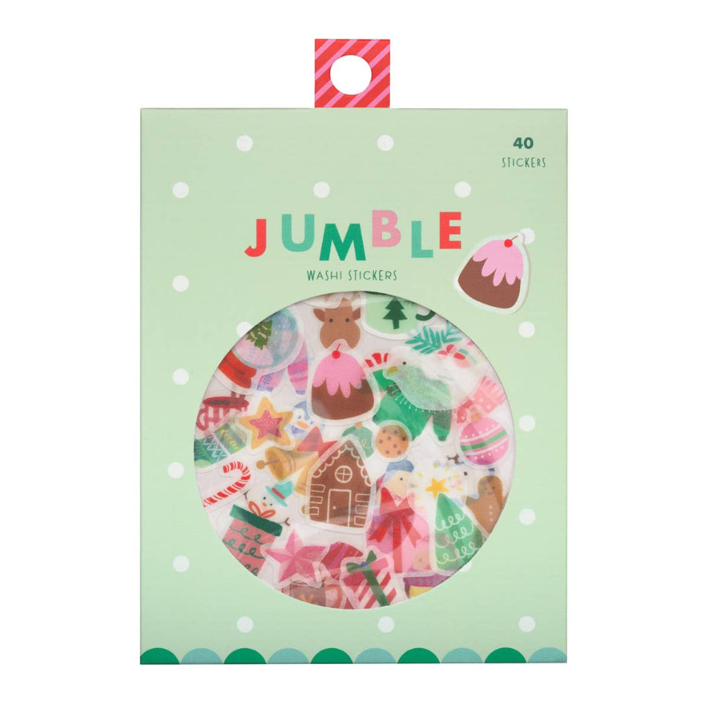 Pack of Jumble wash stickers with festive designs on a light green background
