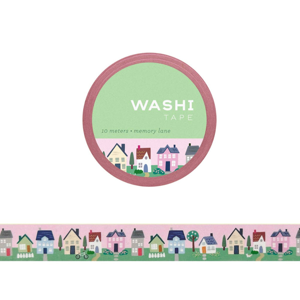 Washi tape with a design of houses on a white background