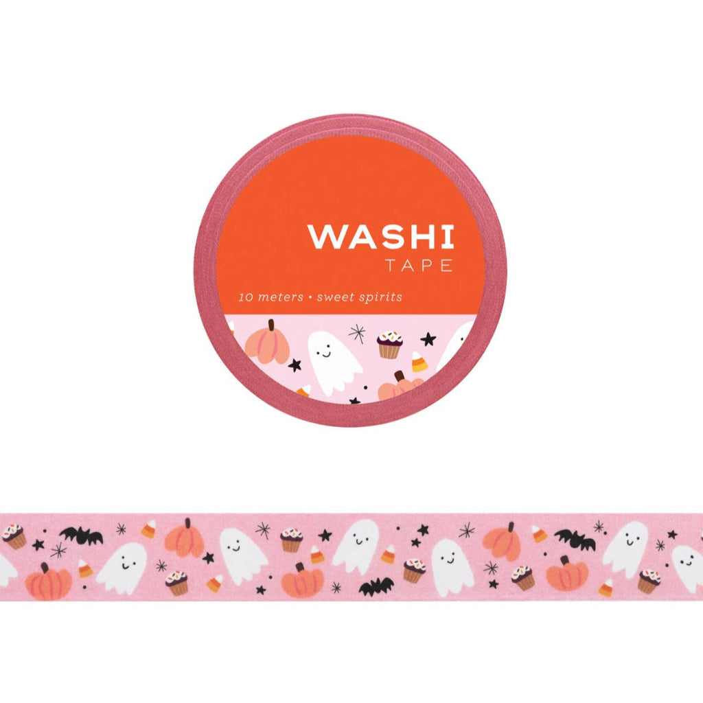 Halloween-themed washi tape with a pink background featuring ghosts, pumpkins, and bats.