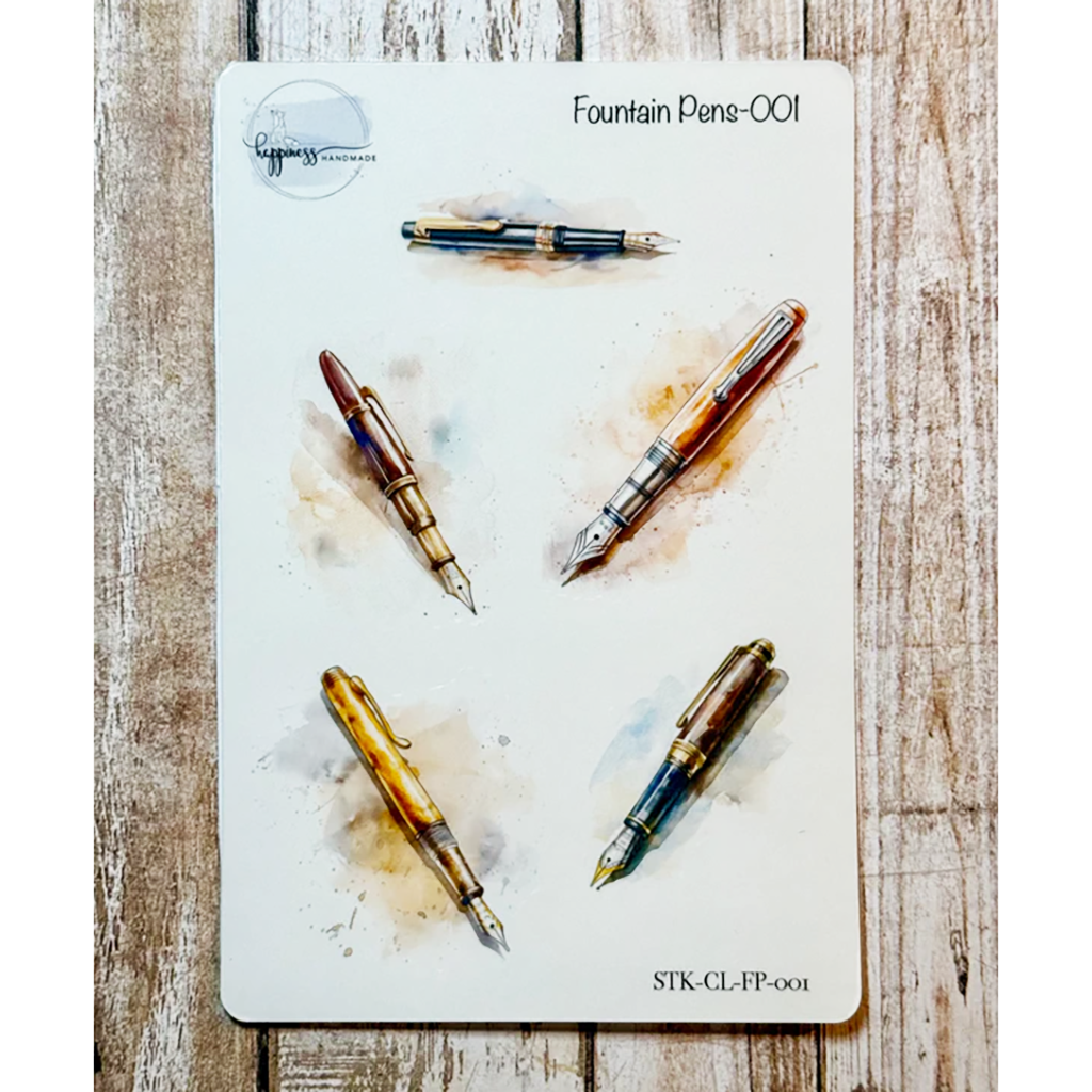 Set of fountain pens on a display card with a wooden background