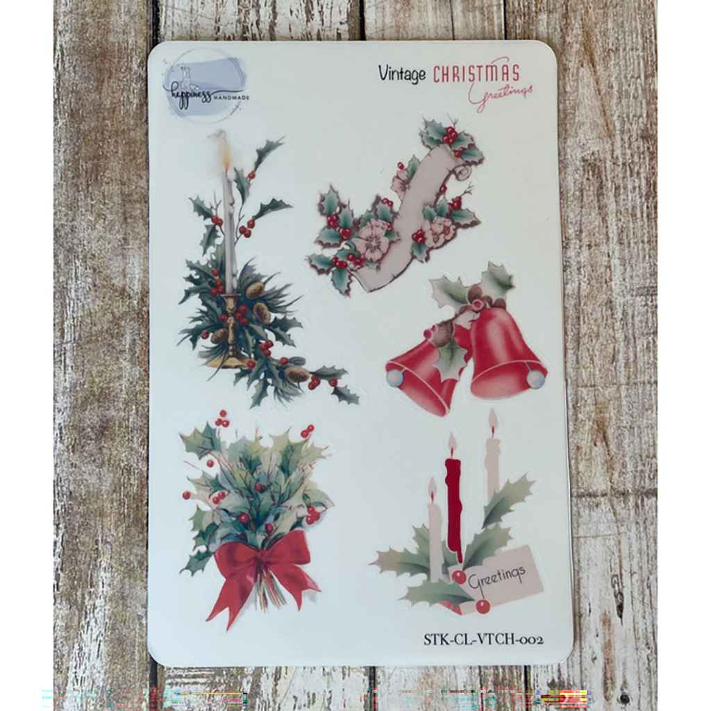 Happiness Handmade Vintage Christmas Greetings Sticker Sheet, Holly