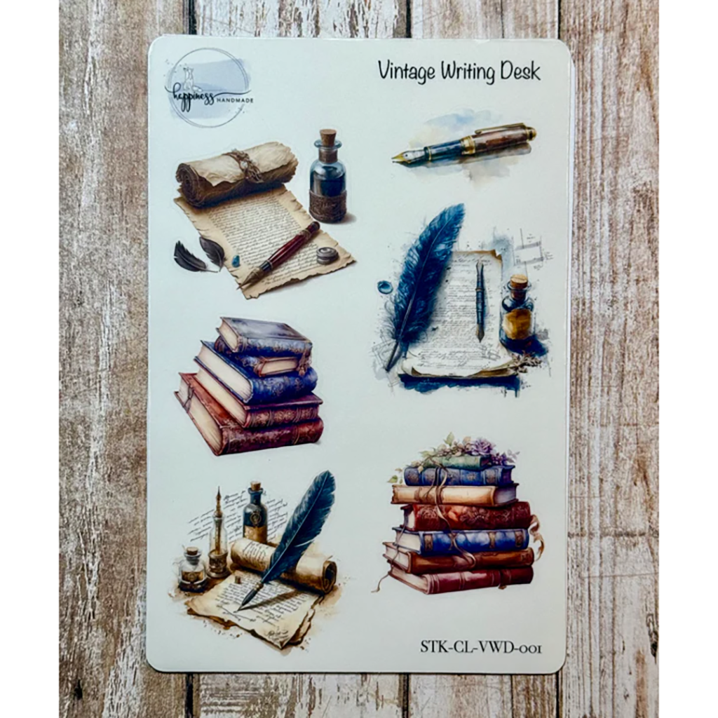 Vintage-themed sticker sheet with books, feathers, and ink bottles on a wooden background